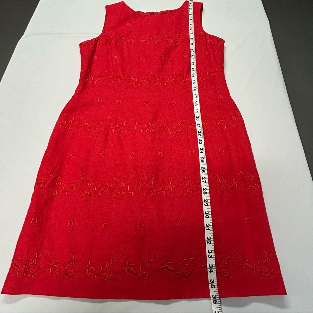 Vintage Linen Blend Midi Dress Sz 12 Sleeveless Floral Embroidery Romantic Red - Picture 11 of 11